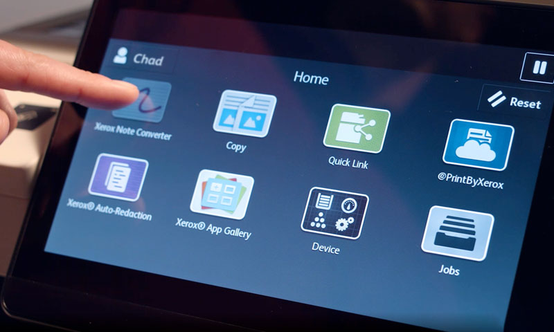 MFP touch screen displaying Note Converter App icon.